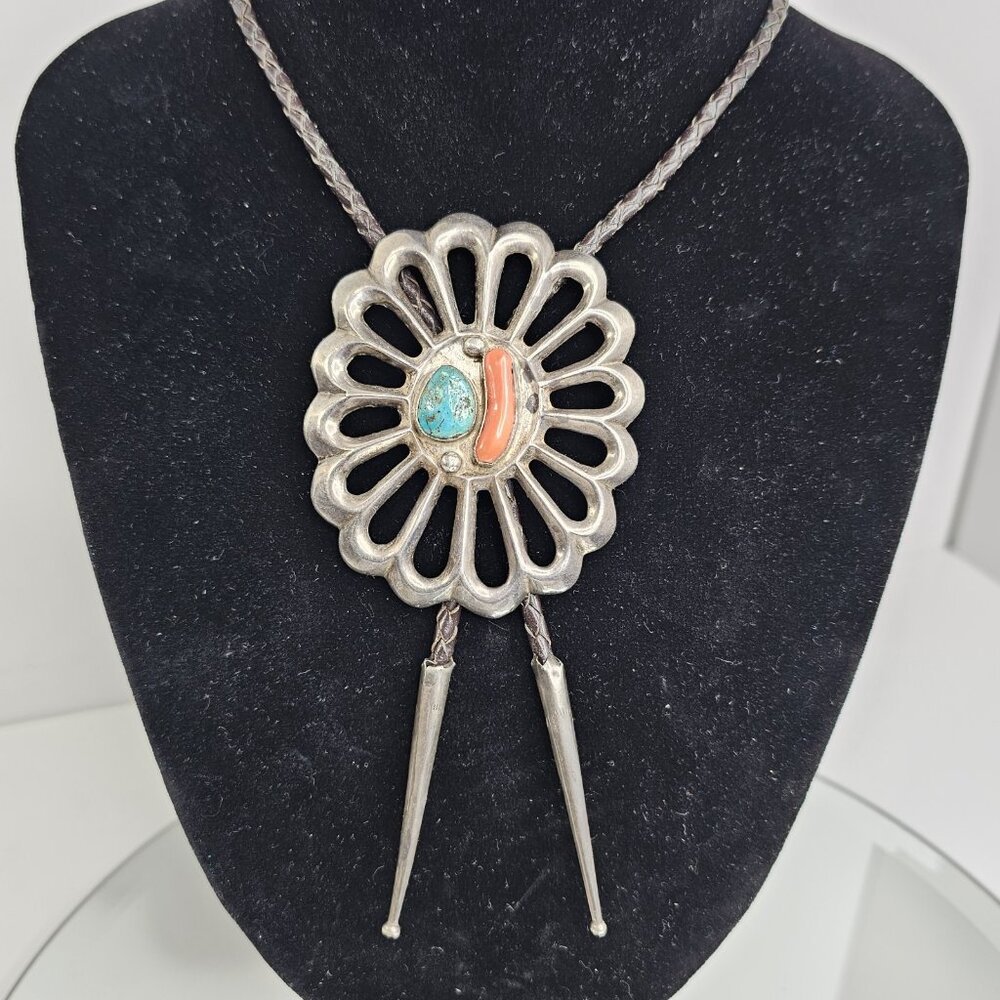 Navajo Turquoise Coral Sterling Silver Casted BOLO Tie Native American LARGE